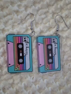 Cassette Tape  "Be Happy" Acrylic Double Sided Dangle Earrings